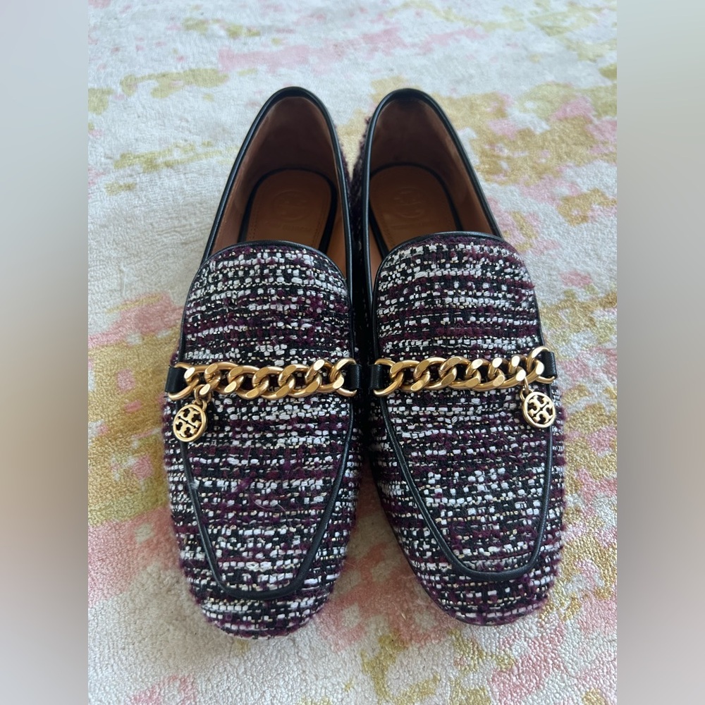 Tory Burch Black and Purple Tweed Loafers with Gold Chain